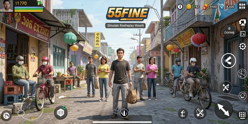 Screenshot gameplay 55FIVE menunjukkan karakter yang berinteraksi dalam lingkungan simulasi.