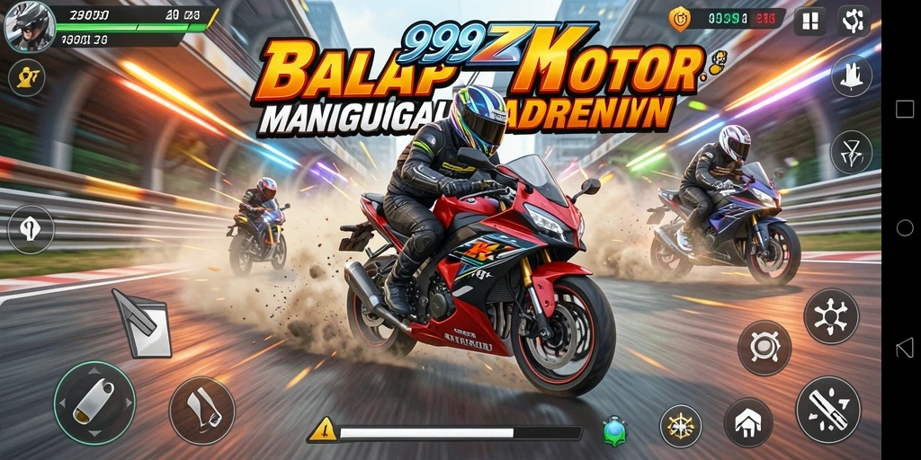 Screenshot gameplay 999ZK menampilkan aksi balap motor yang mendebarkan.