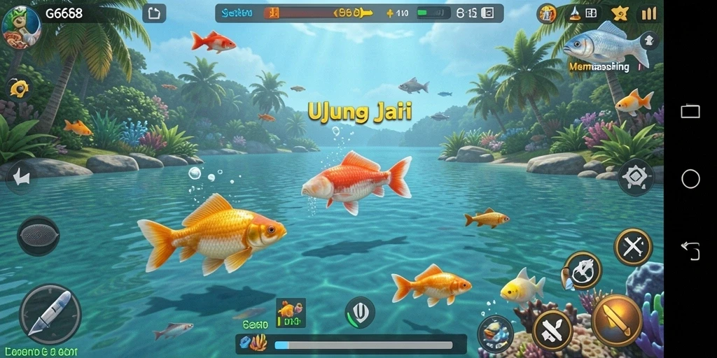 Tampilan gameplay G668 dengan berbagai ikan dan pemandangan laut yang indah.